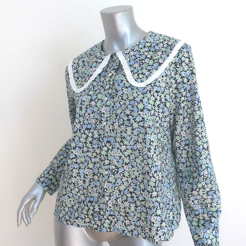 Maje Blouse à col volanté imprimé floral bleu en coton taille 3 manches longues