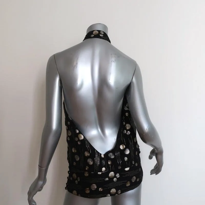 Mason Haut à Bretelles Noir/Or Imprimé Pointillé en Soie Taille 8 Blouse Dos Nu
