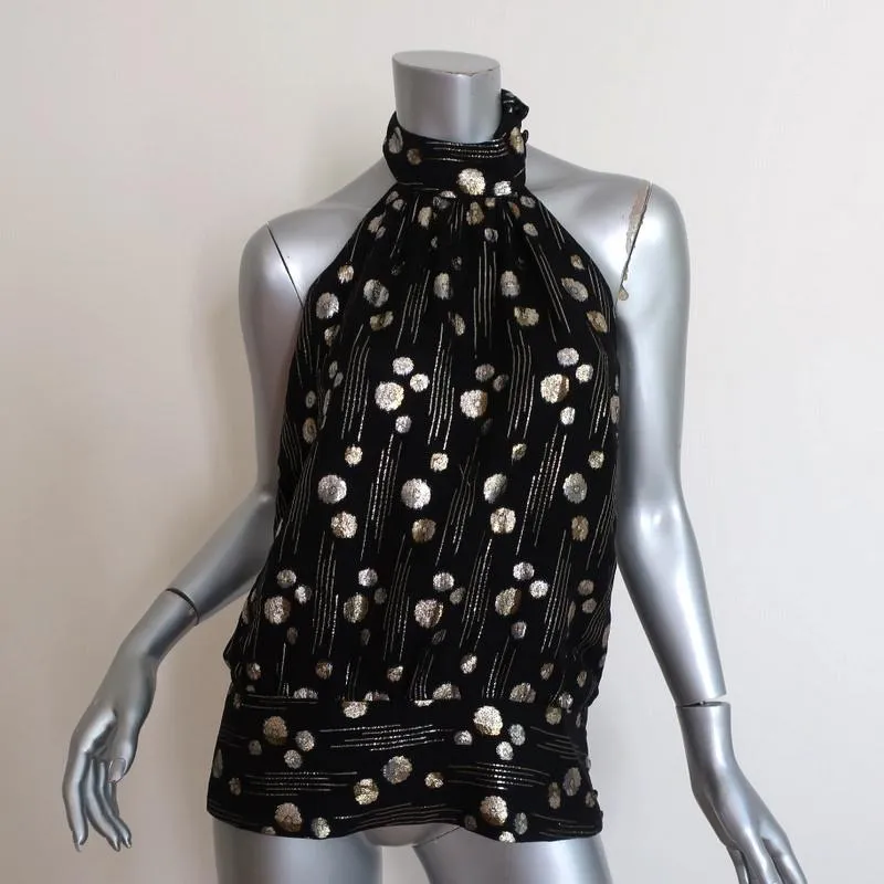Mason Haut à Bretelles Noir/Or Imprimé Pointillé en Soie Taille 8 Blouse Dos Nu