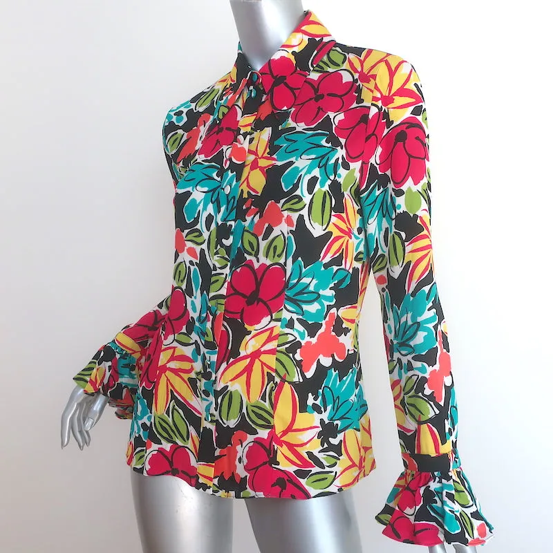 Michael Kors Collection Blouse à Poignets Volantés Imprimé Multicolore Fleuri en Soie Taille 4