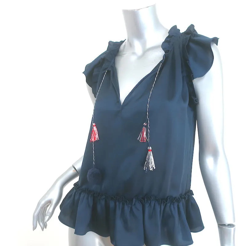 MISA Fleur Pom Pom Haut Marine en Satin Volanté Taille Petite Haut sans Manches