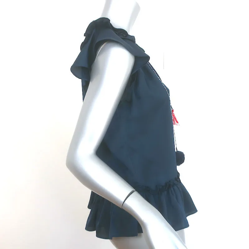 MISA Fleur Pom Pom Haut Marine en Satin Volanté Taille Petite Haut sans Manches