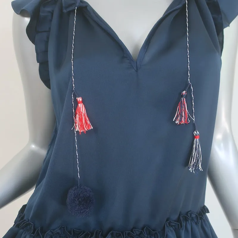 MISA Fleur Pom Pom Haut Marine en Satin Volanté Taille Petite Haut sans Manches