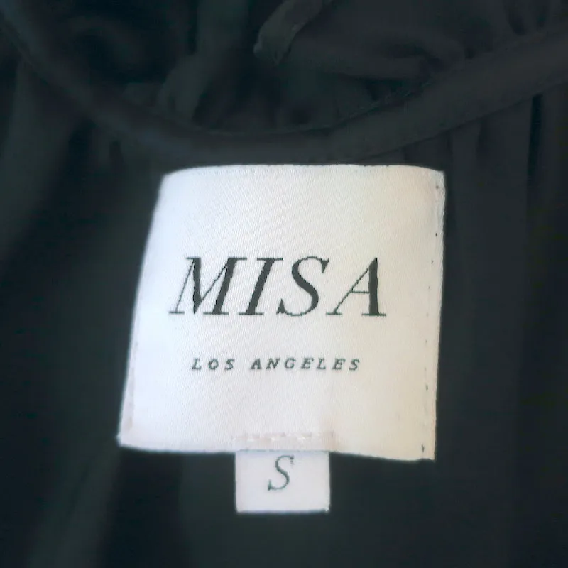 MISA Fleur Pom Pom Haut Marine en Satin Volanté Taille Petite Haut sans Manches