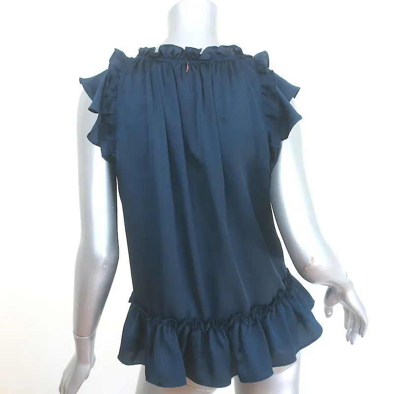 MISA Fleur Pom Pom Haut Marine en Satin Volanté Taille Petite Haut sans Manches