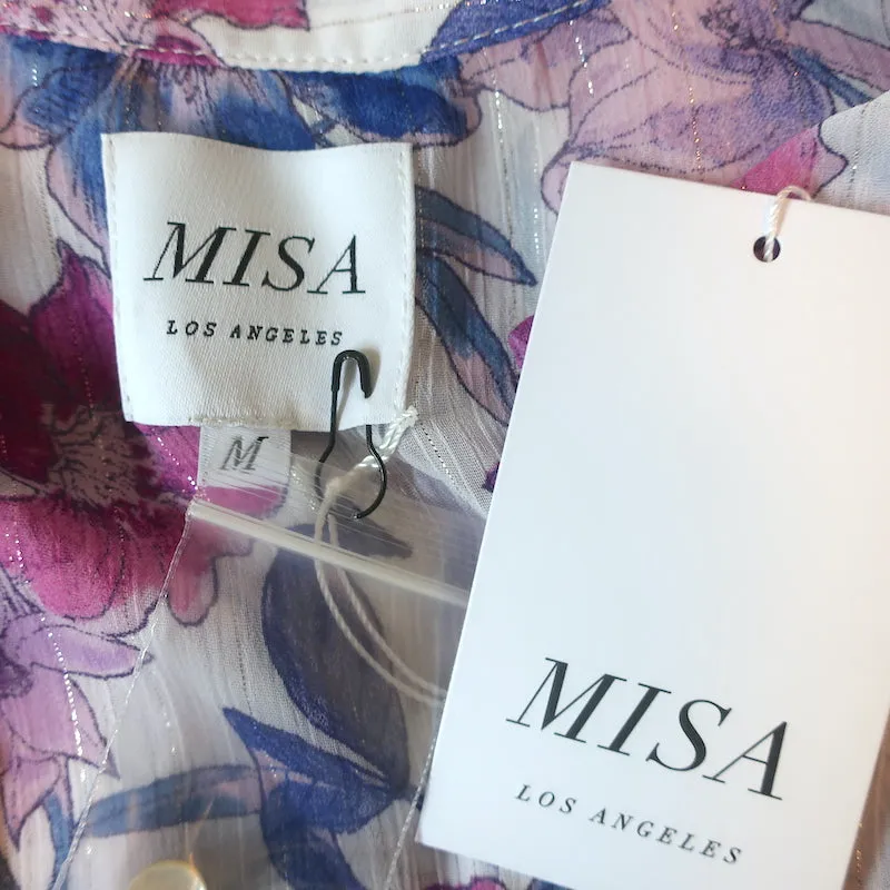 MISA Top Livia Imprimé floral métallisé Taille Medium Blouse à manches volantées NEUVE