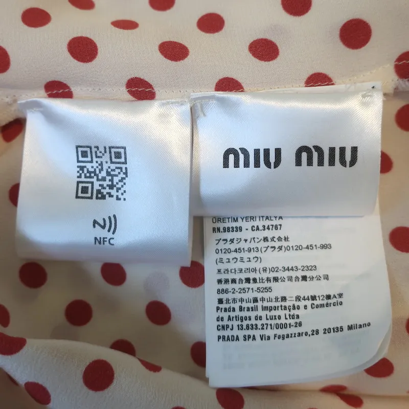 Miu Miu Blouse à col et nœud papillon en soie à pois, garnie de dentelle, couleur crème/rouge, taille 42