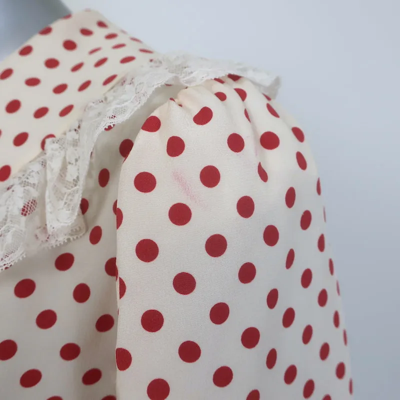 Miu Miu Blouse à col et nœud papillon en soie à pois, garnie de dentelle, couleur crème/rouge, taille 42