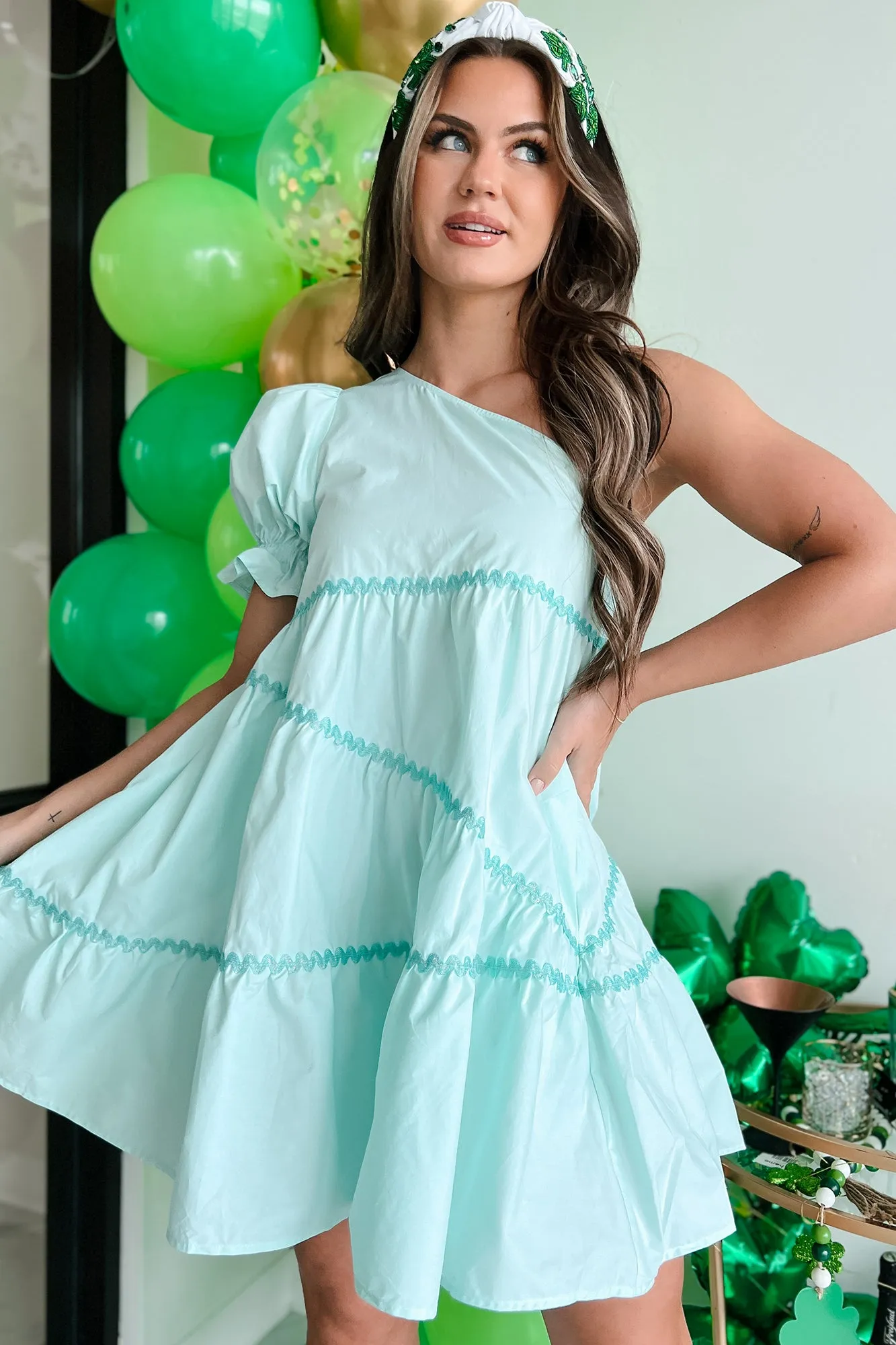 Ma Robe Mini Une Épaule Mignonne (Menthe Clair)