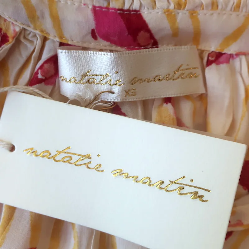Natalie Martin Chemise à Noeud Papillon Jaune Imprimée en Crêpe Taille Très Petite NEUVE