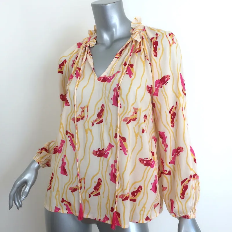 Natalie Martin Chemise à Noeud Papillon Jaune Imprimée en Crêpe Taille Très Petite NEUVE