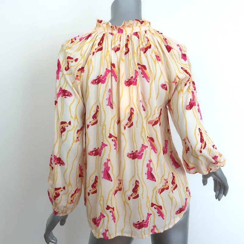 Natalie Martin Chemise à Noeud Papillon Jaune Imprimée en Crêpe Taille Très Petite NEUVE