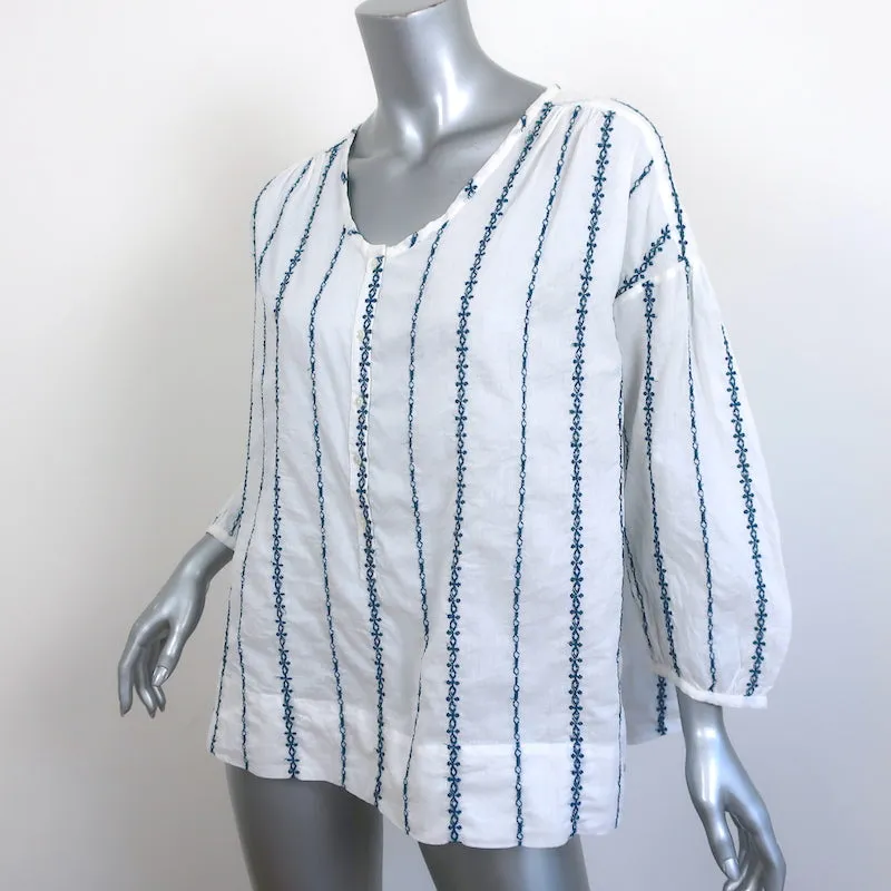 Nili Lotan Blouse Provence Blanc/Bleu marine Rayure Brodée en Coton Taille Petit NEUF