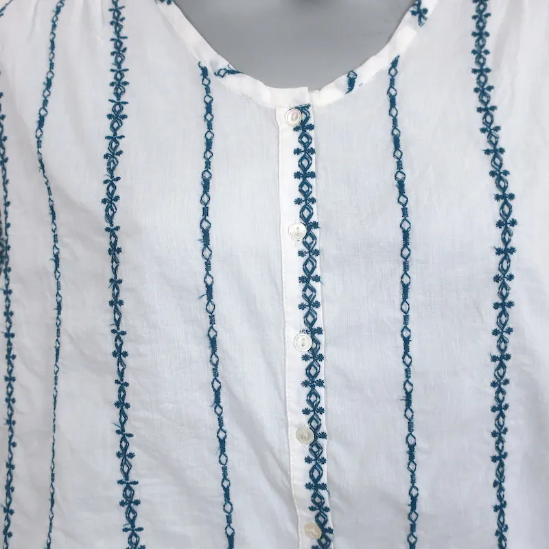 Nili Lotan Blouse Provence Blanc/Bleu marine Rayure Brodée en Coton Taille Petit NEUF