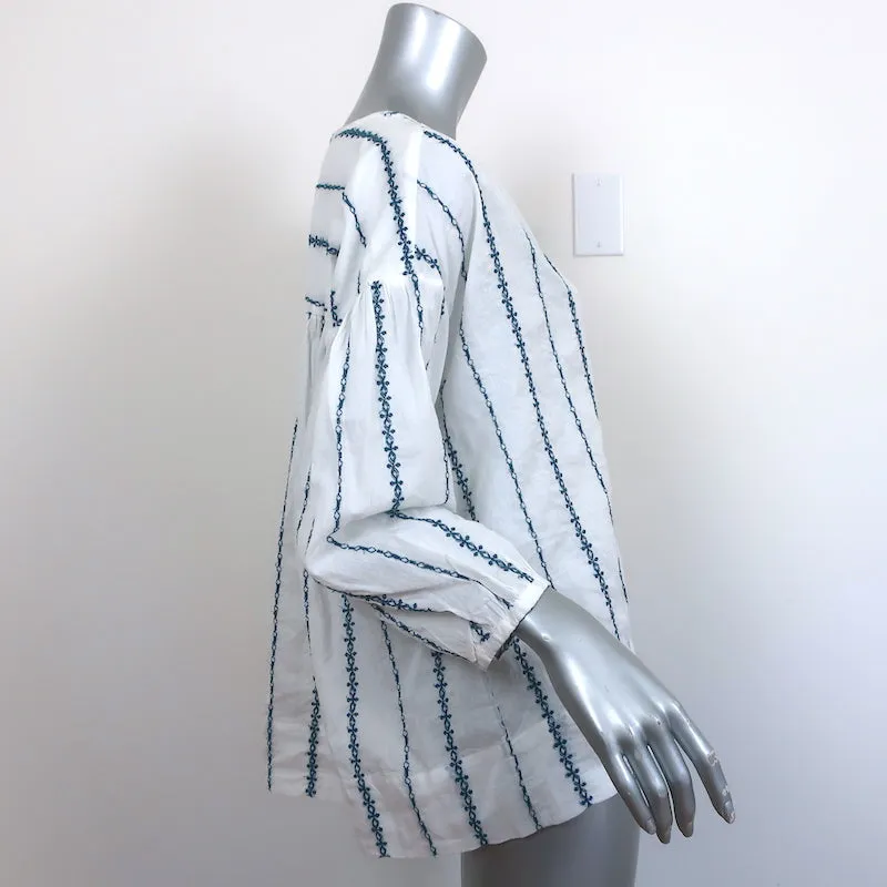 Nili Lotan Blouse Provence Blanc/Bleu marine Rayure Brodée en Coton Taille Petit NEUF