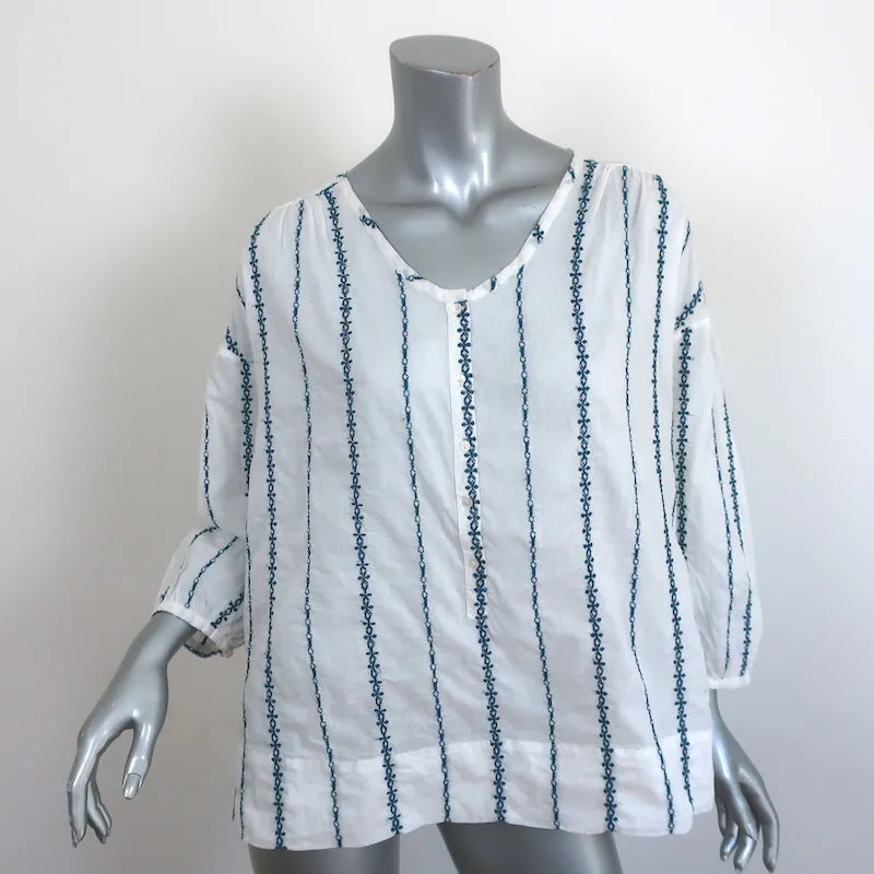 Nili Lotan Blouse Provence Blanc/Bleu marine Rayure Brodée en Coton Taille Petit NEUF