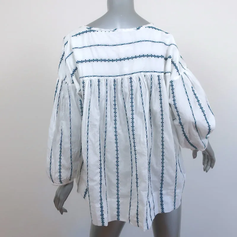 Nili Lotan Blouse Provence Blanc/Bleu marine Rayure Brodée en Coton Taille Petit NEUF