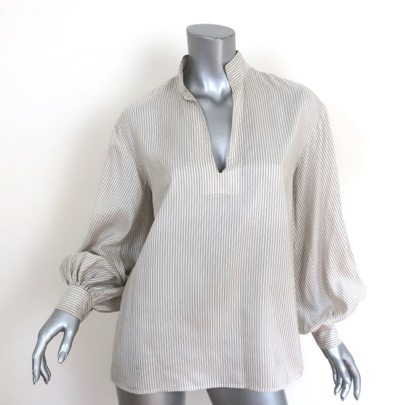 Nili Lotan Haut Joey Beige Rayé Soie Taille Très Petite Manche Évêché Blouse
