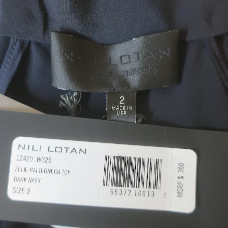 Nili Lotan Zelie Haut à Col Noué Taille 2 en Soie Bleu Marine Foncé NEUF