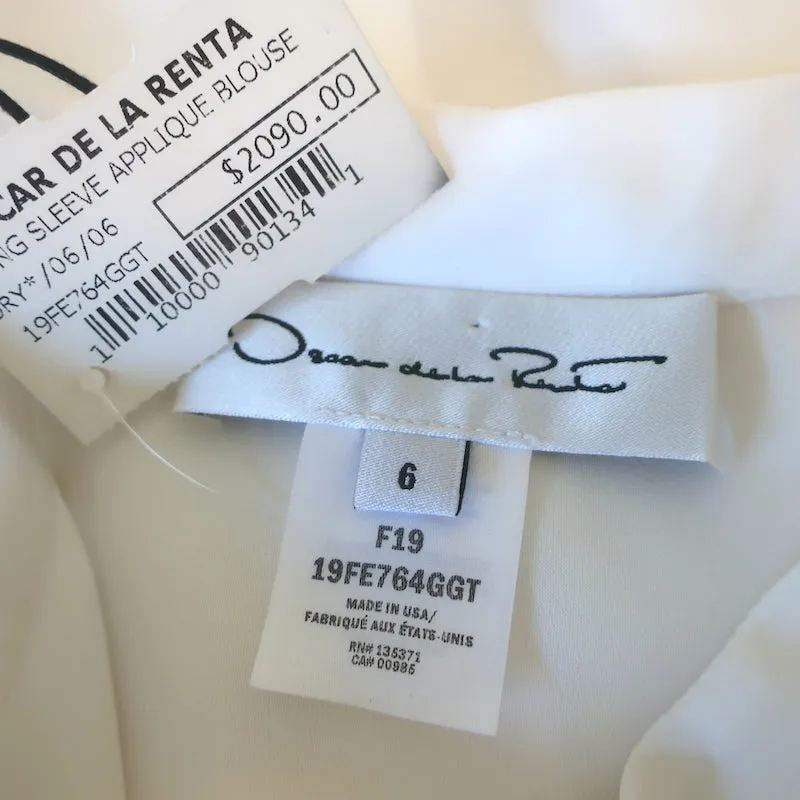 Oscar de la Renta Blouse en Soie Crème avec Garniture Florale en Organza Taille 6 NEUVE