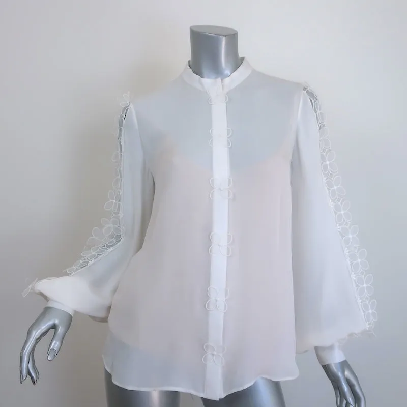 Oscar de la Renta Blouse en Soie Crème avec Garniture Florale en Organza Taille 6 NEUVE