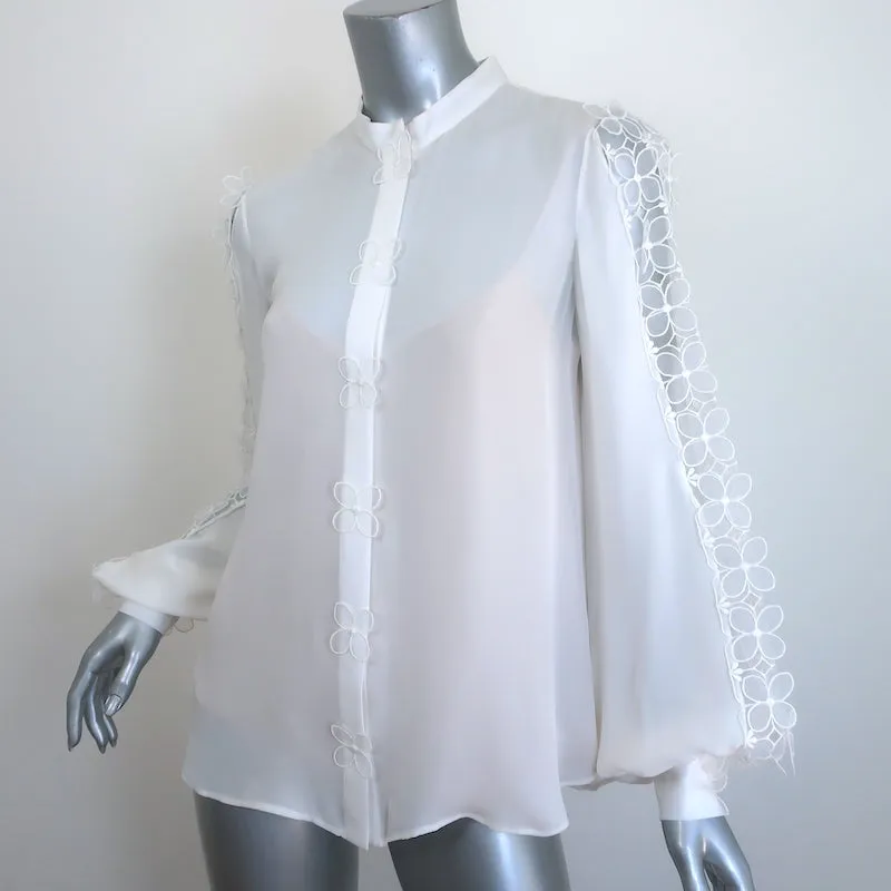 Oscar de la Renta Blouse en Soie Crème avec Garniture Florale en Organza Taille 6 NEUVE