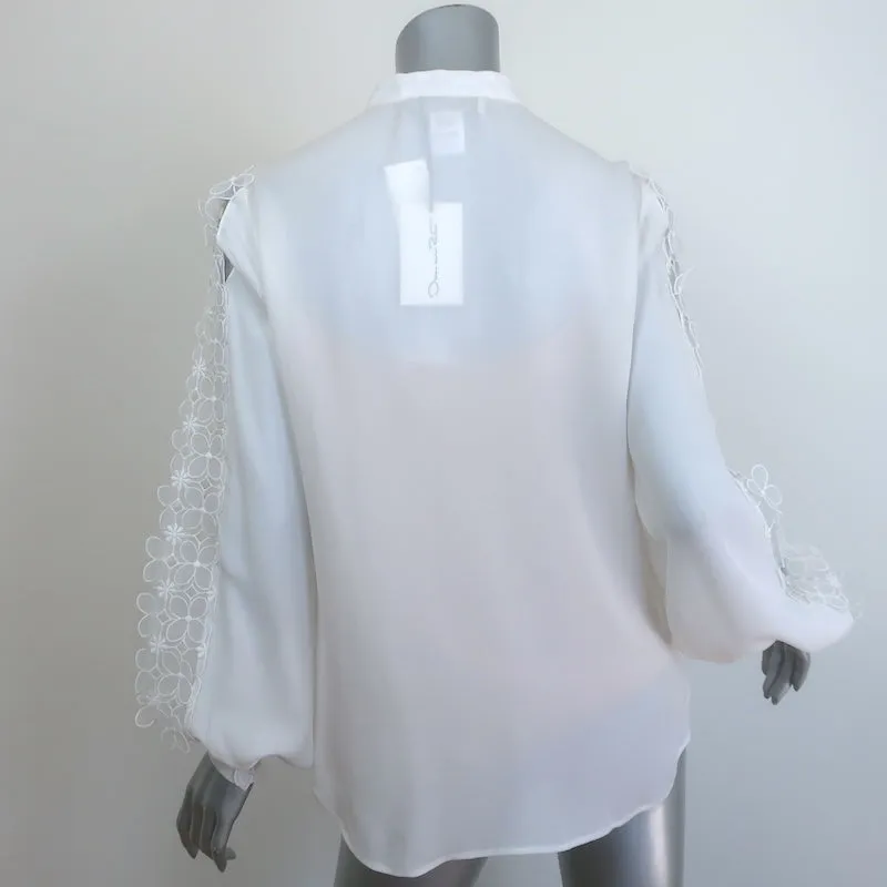 Oscar de la Renta Blouse en Soie Crème avec Garniture Florale en Organza Taille 6 NEUVE