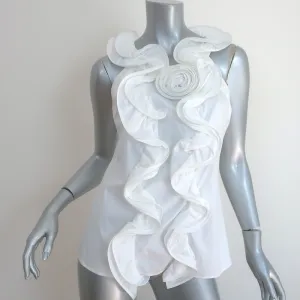 Oscar de la Renta Ruffled Rosette Top White Stretch Cotton Size 8