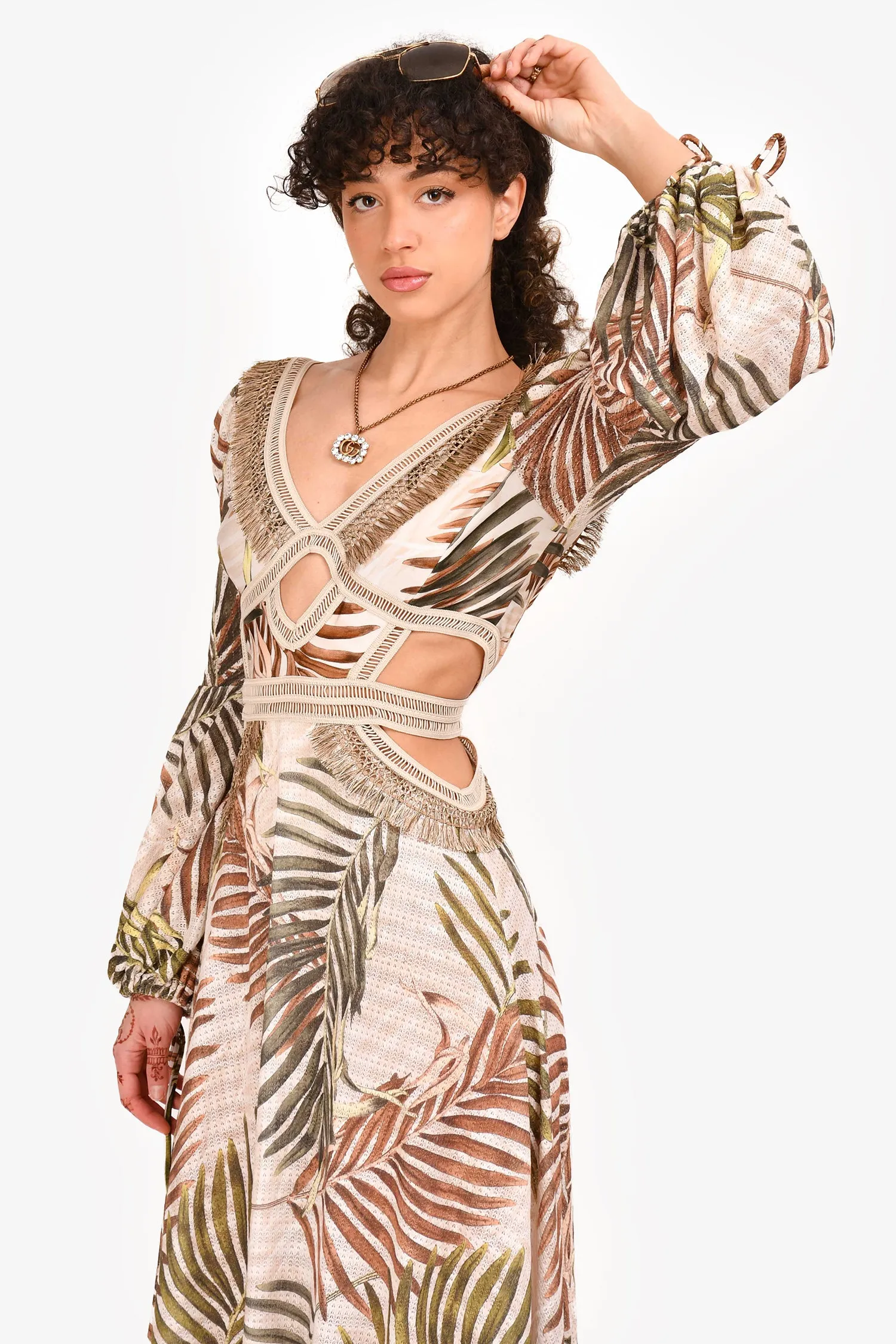 Robe longue Patbo Green Palm à imprimé palmier et col en V taille XS