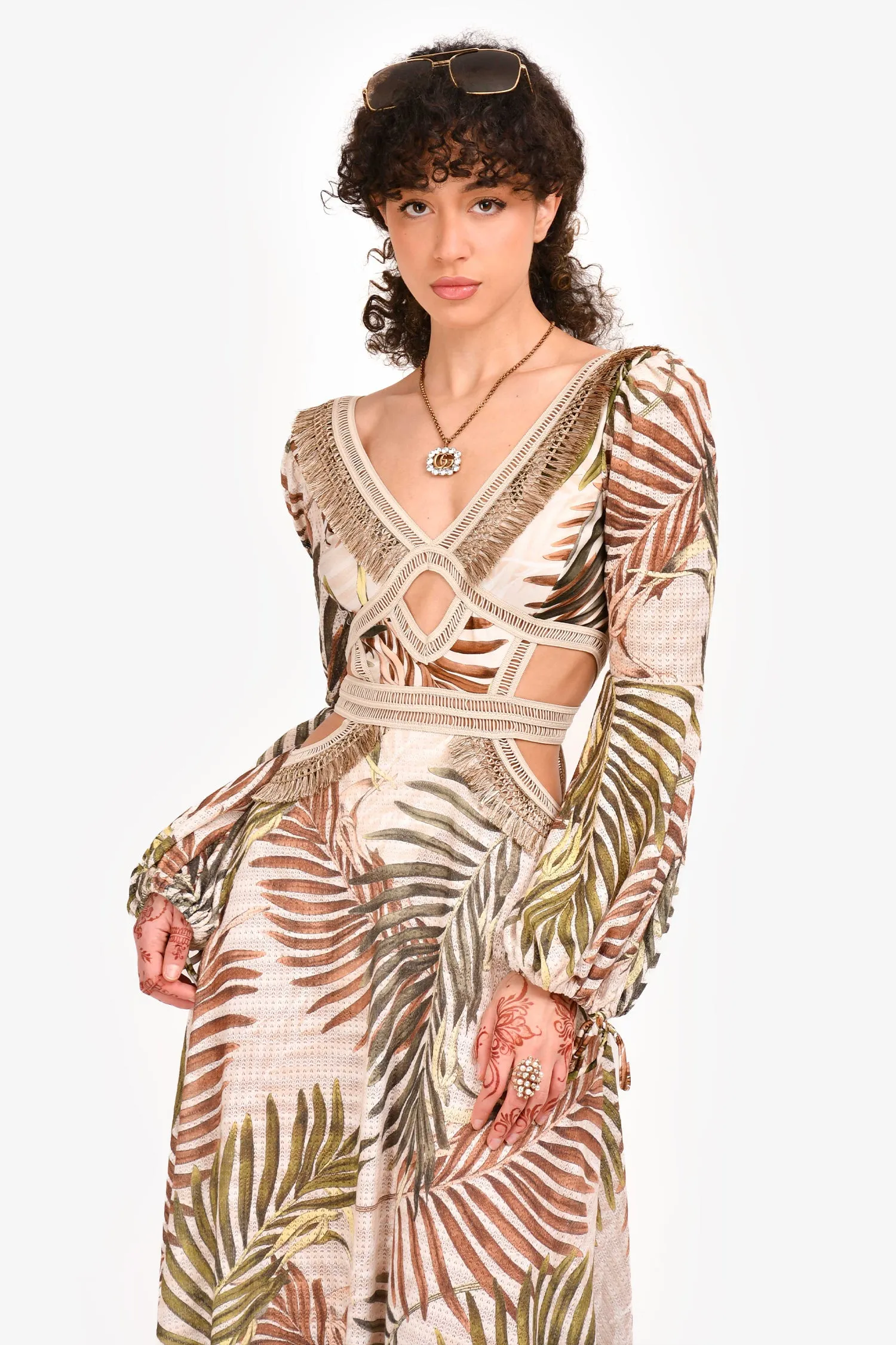 Robe longue Patbo Green Palm à imprimé palmier et col en V taille XS
