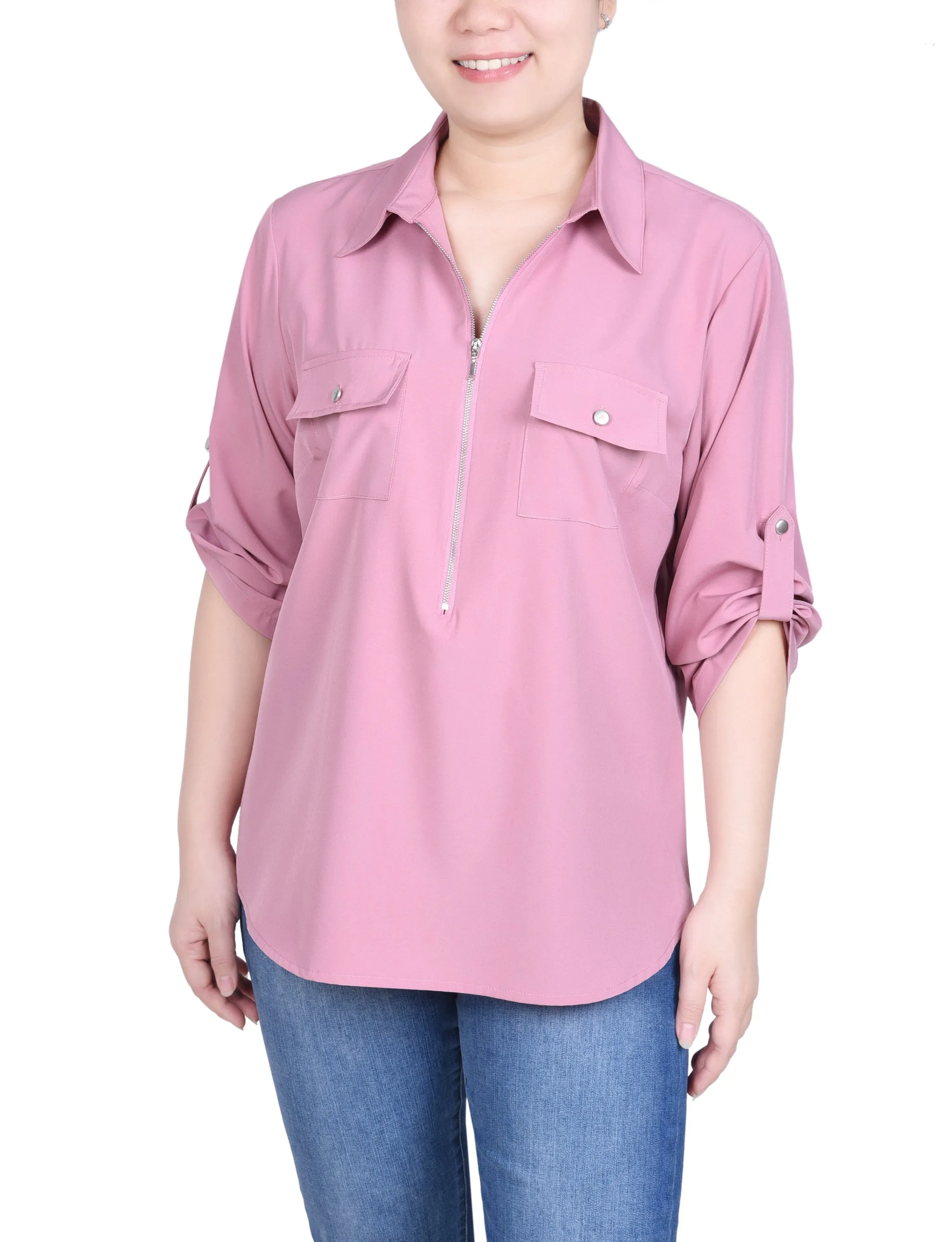 Petite blouse à zip devant avec manches 3/4 à ourlet roulé