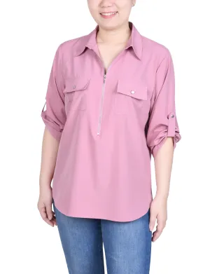 Petite 3/4 Roll Tab Sleeve Zip Front Blouse