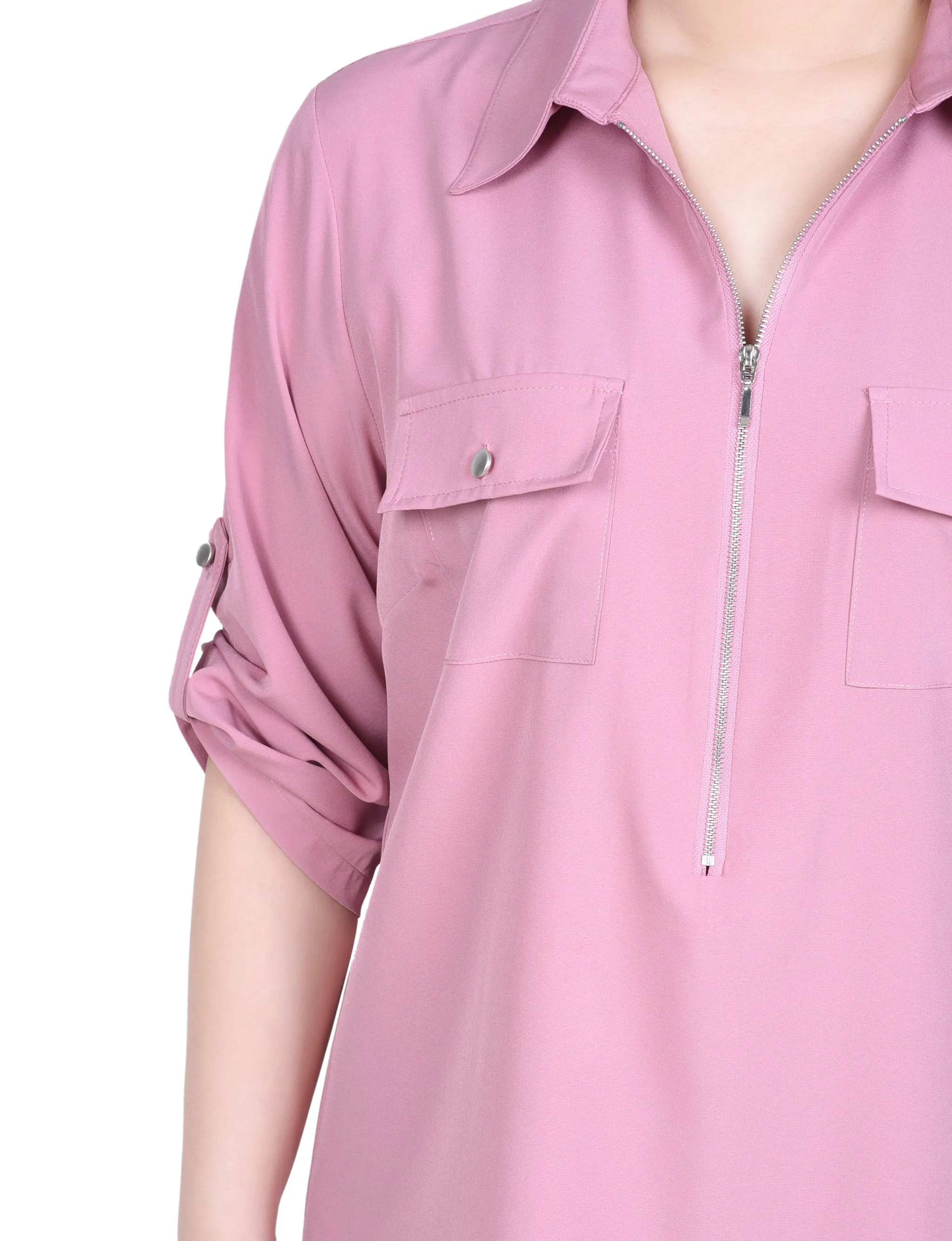Petite blouse à zip devant avec manches 3/4 à ourlet roulé