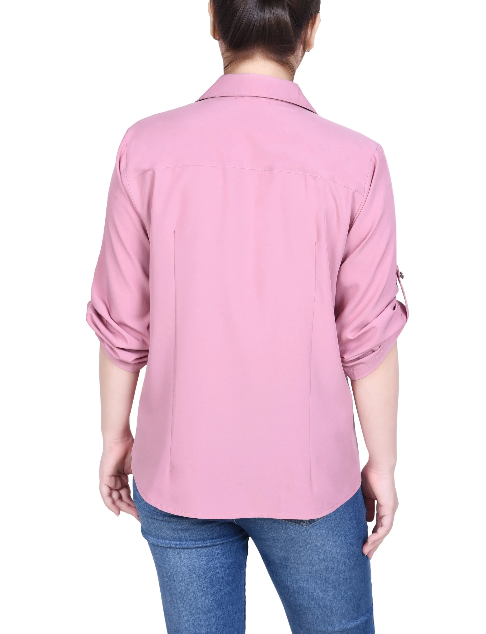 Petite blouse à zip devant avec manches 3/4 à ourlet roulé
