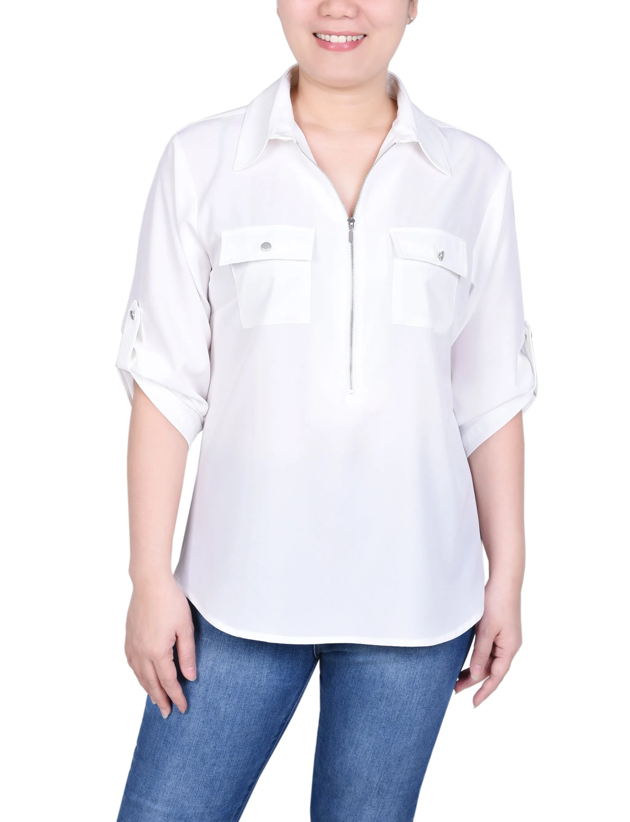 Petite blouse à zip devant avec manches 3/4 à ourlet roulé