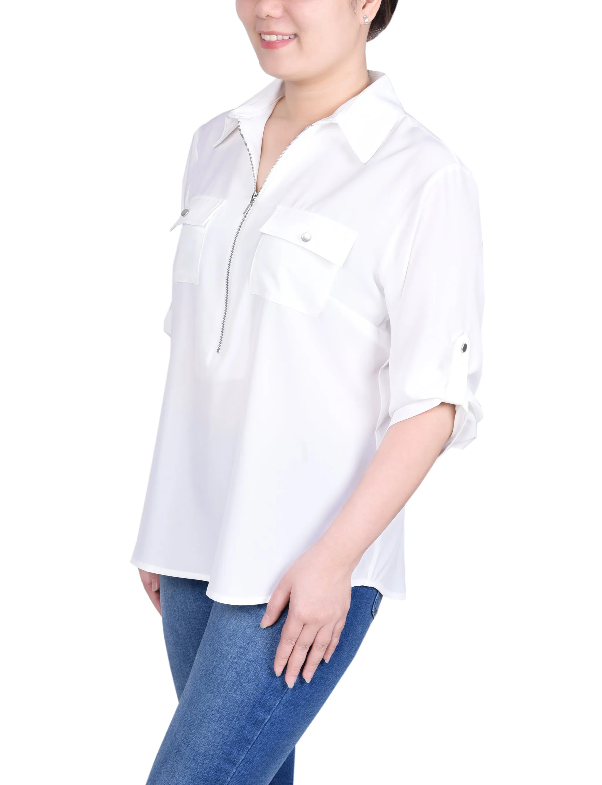 Petite blouse à zip devant avec manches 3/4 à ourlet roulé