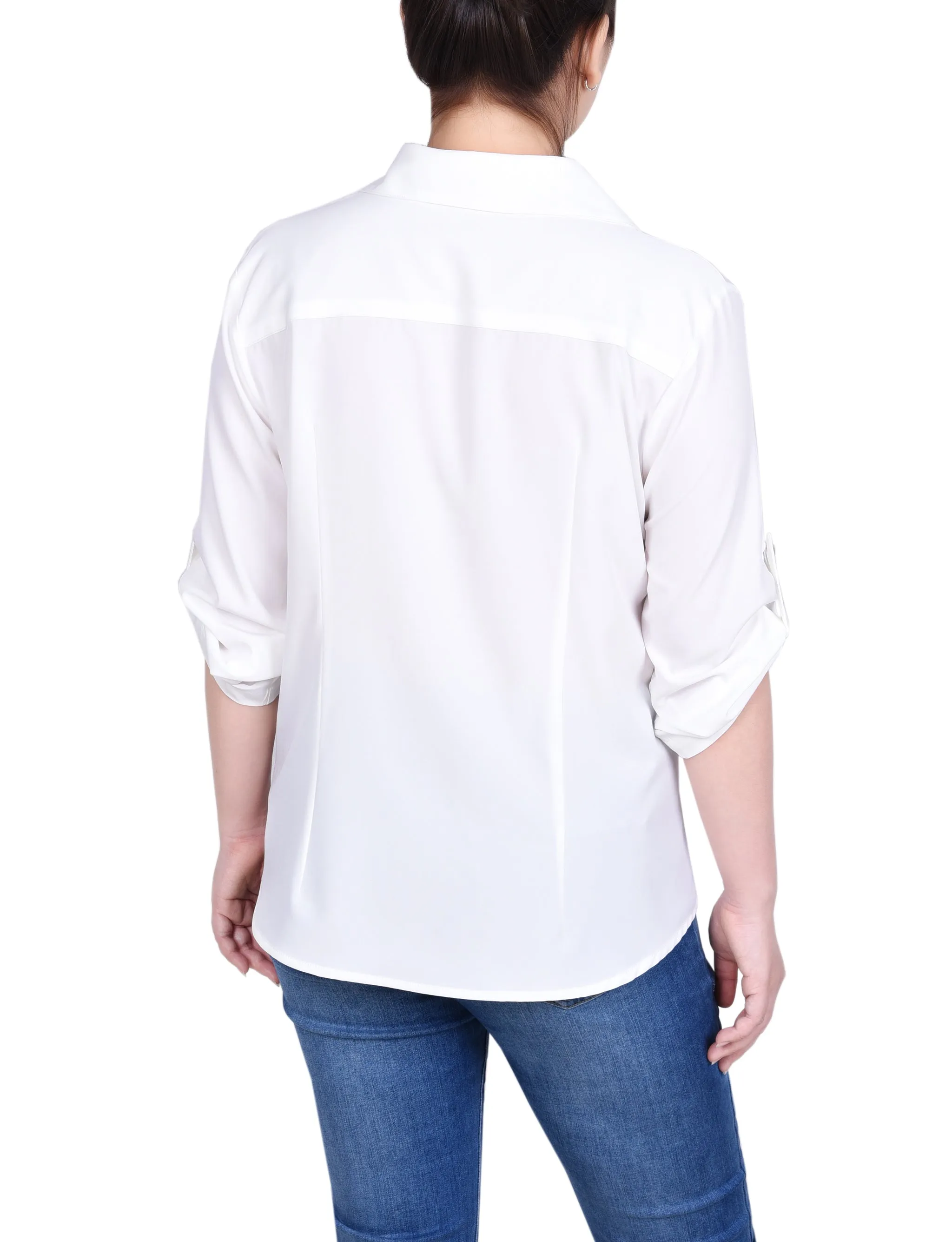 Petite blouse à zip devant avec manches 3/4 à ourlet roulé