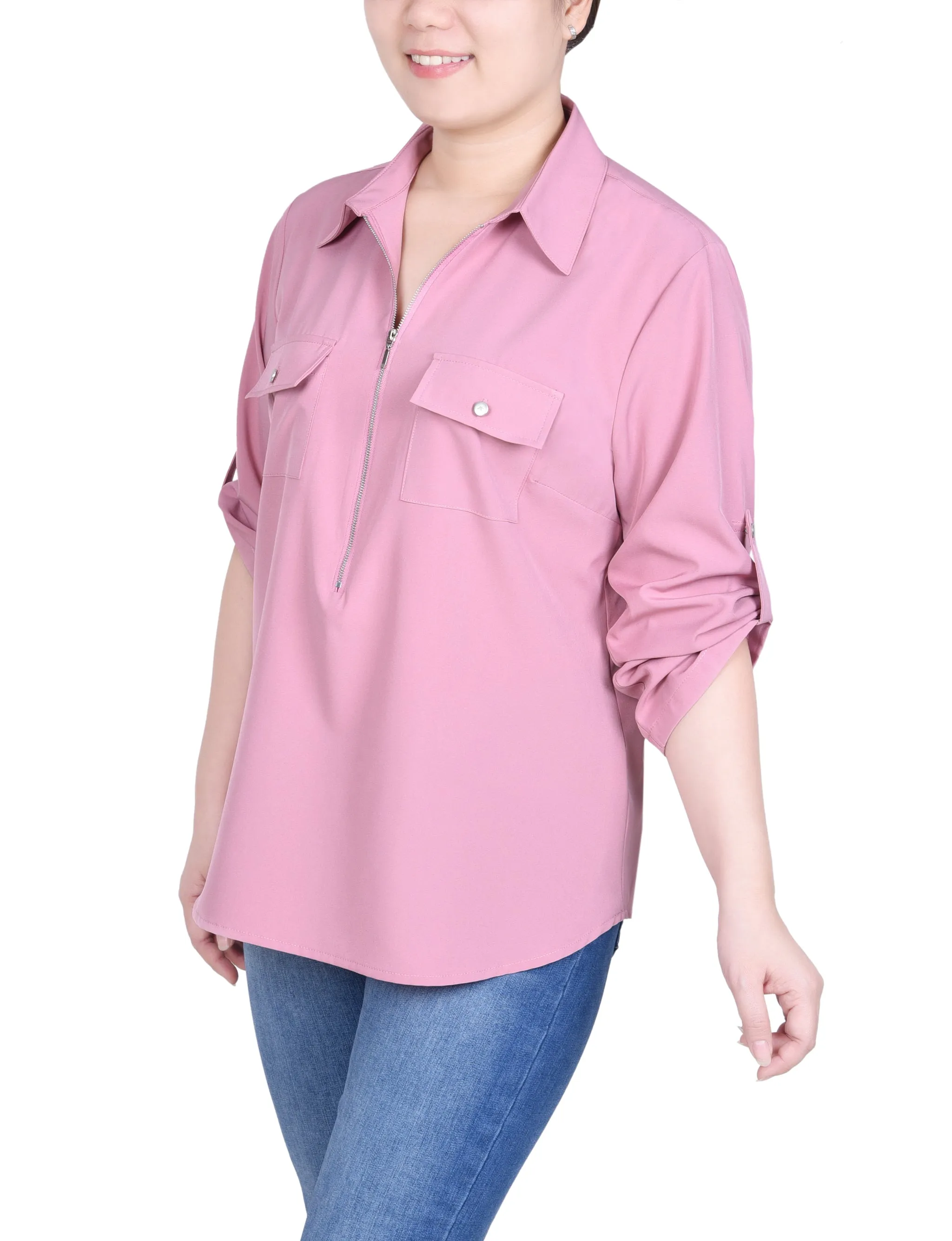Petite blouse à zip devant avec manches 3/4 à ourlet roulé