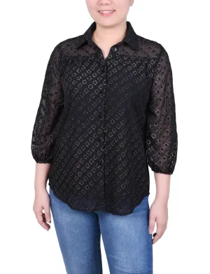 Petite 3/4 Sleeve Foiled Jacquard Chiffon Blouse