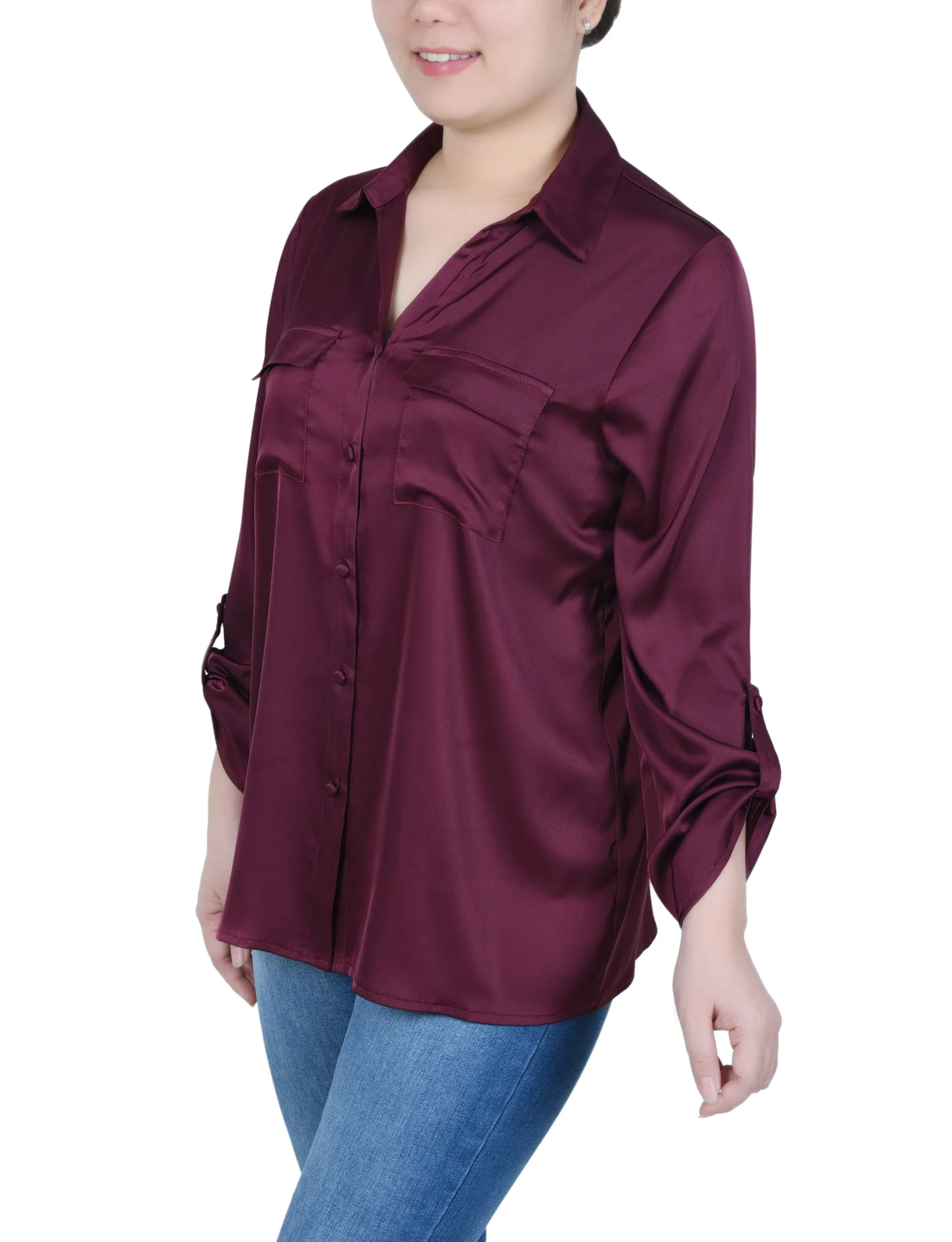 Blouse en satin à manches 3/4 avec boutons pression