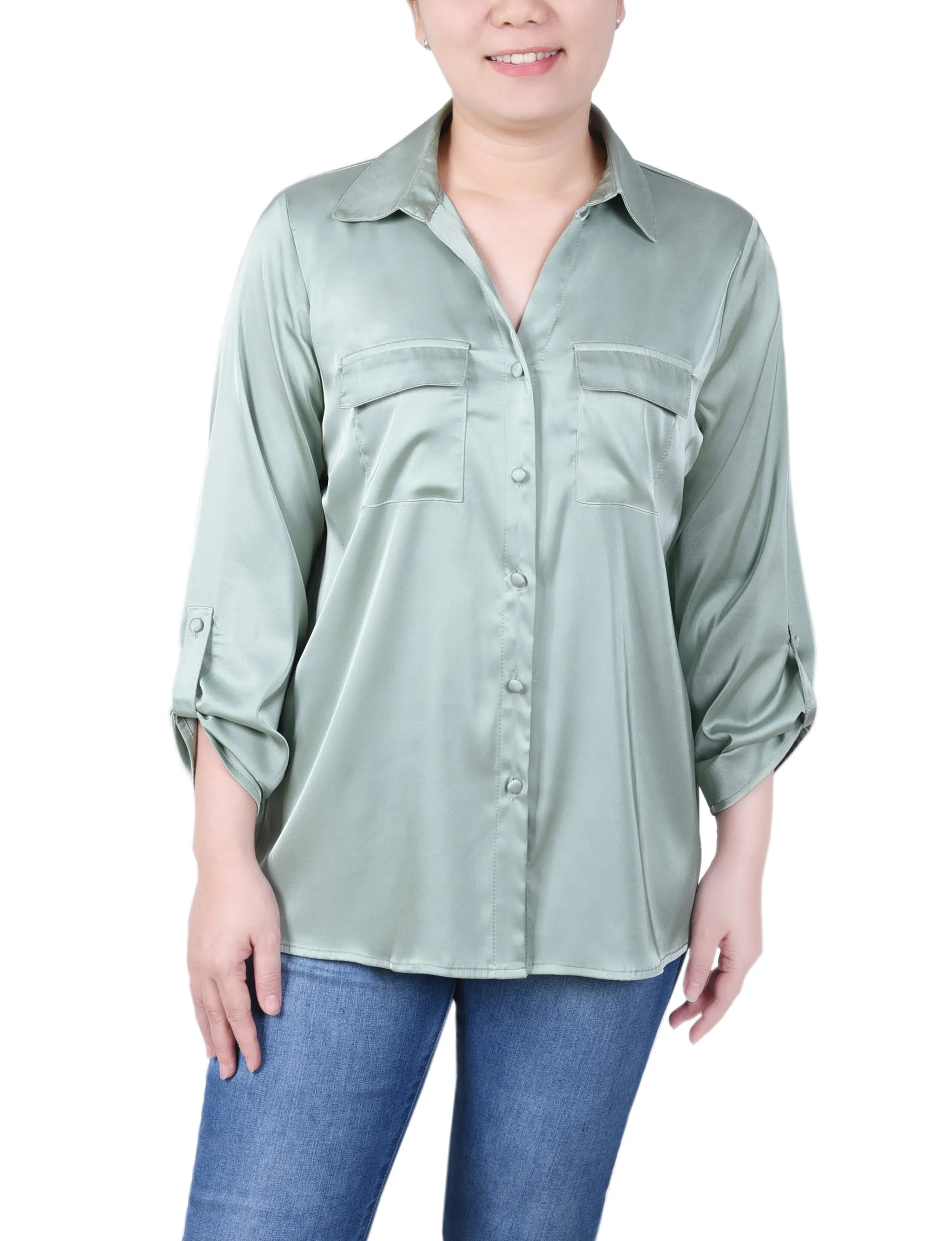 Blouse en satin à manches 3/4 avec boutons pression
