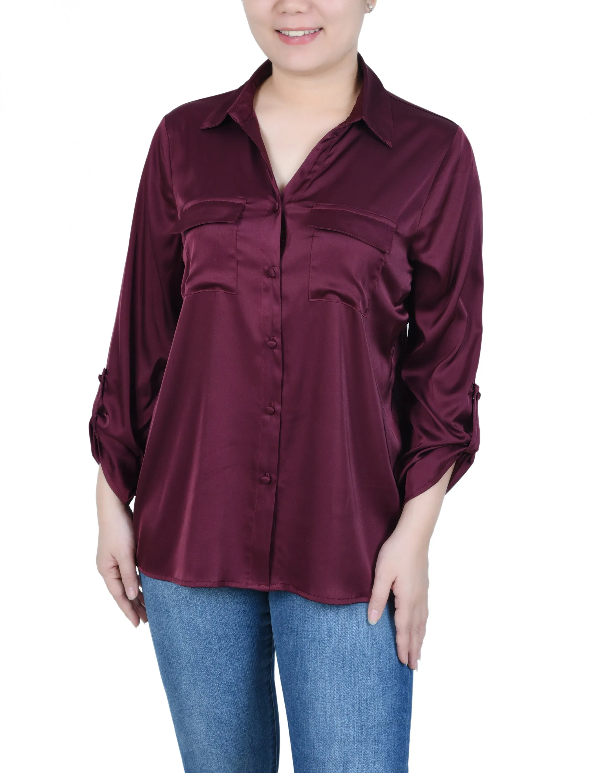 Blouse en satin à manches 3/4 avec boutons pression