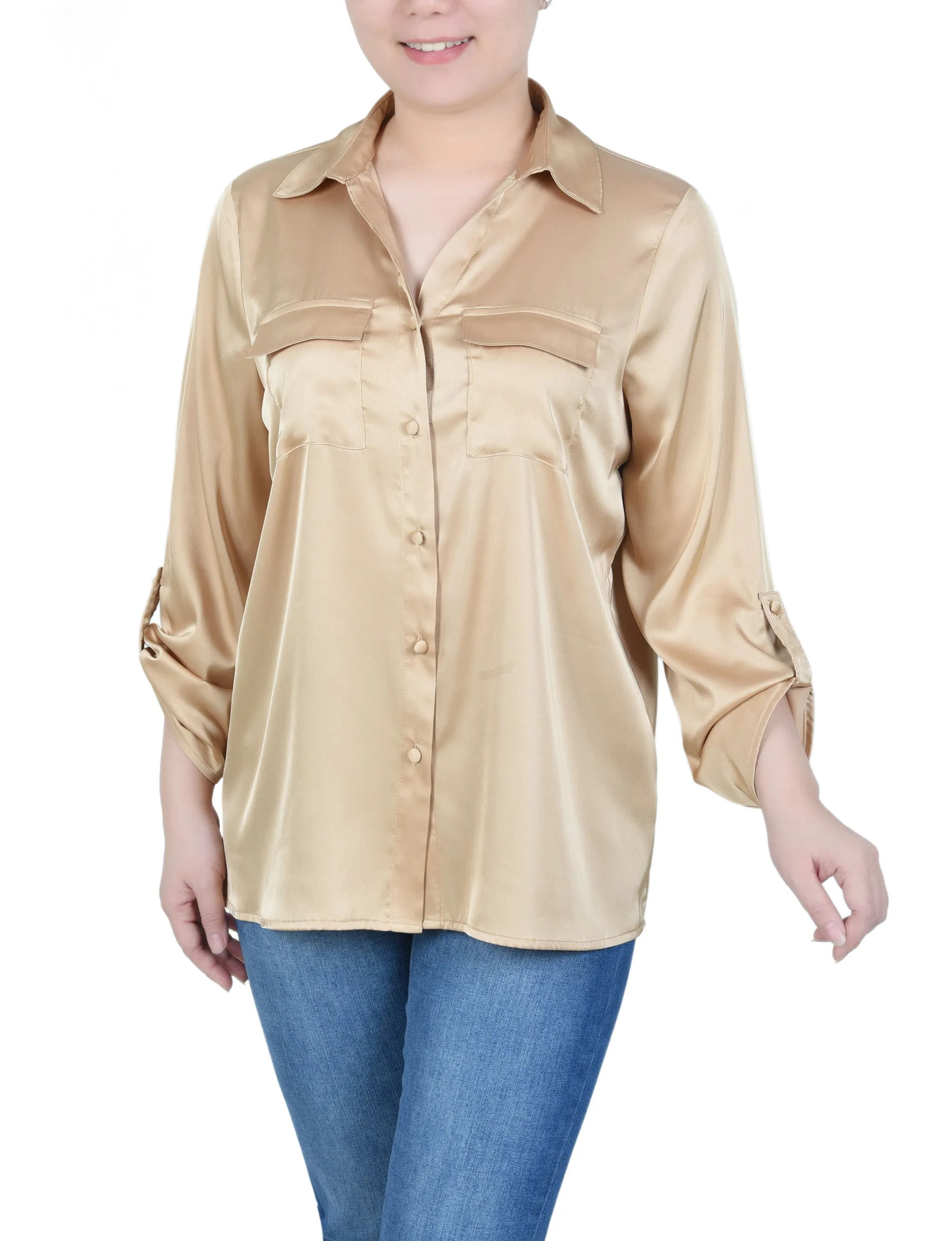 Blouse en satin à manches 3/4 avec boutons pression