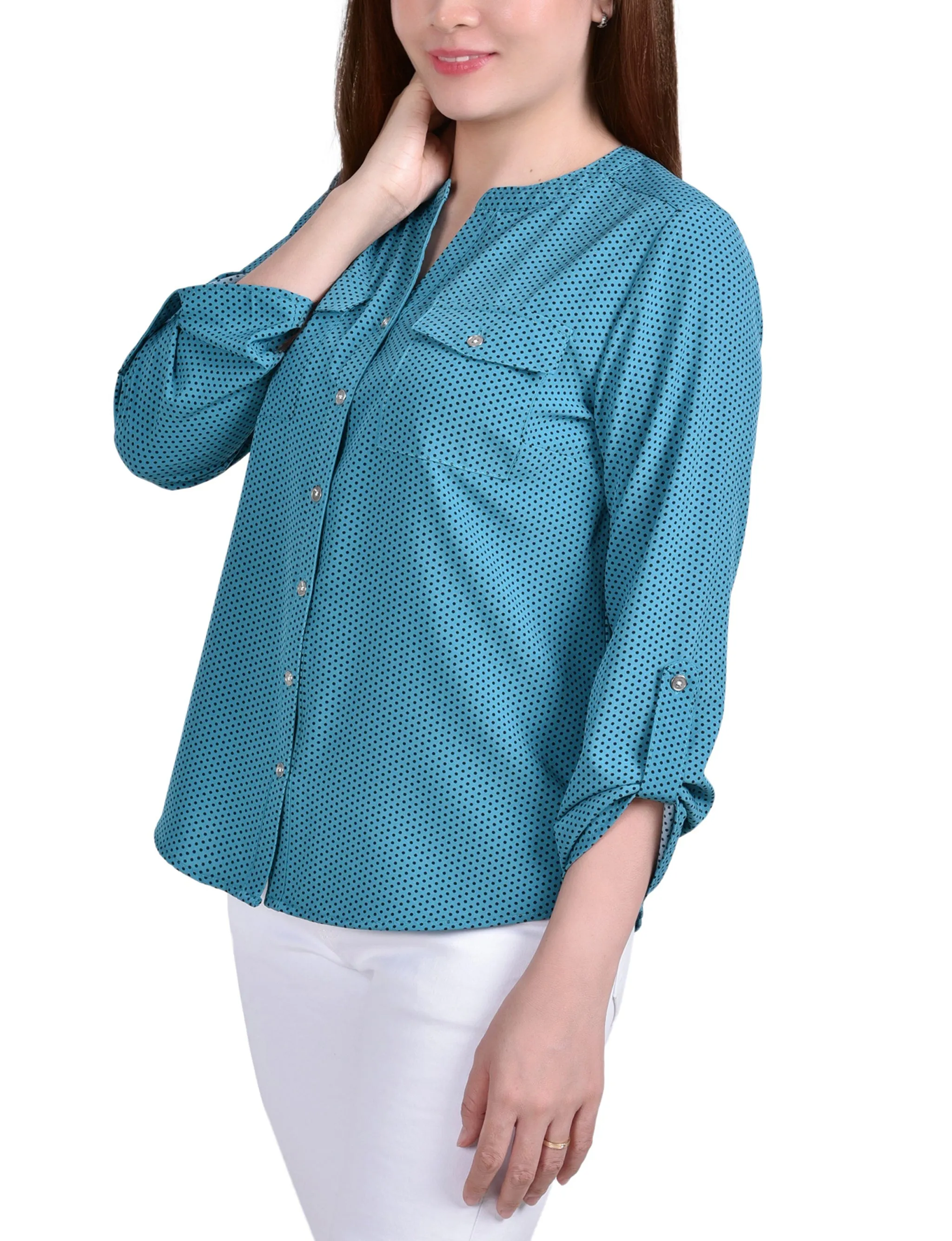 Blouse Petite à Encolure en Y avec Manches 3/4 et Pattes à Enrouler