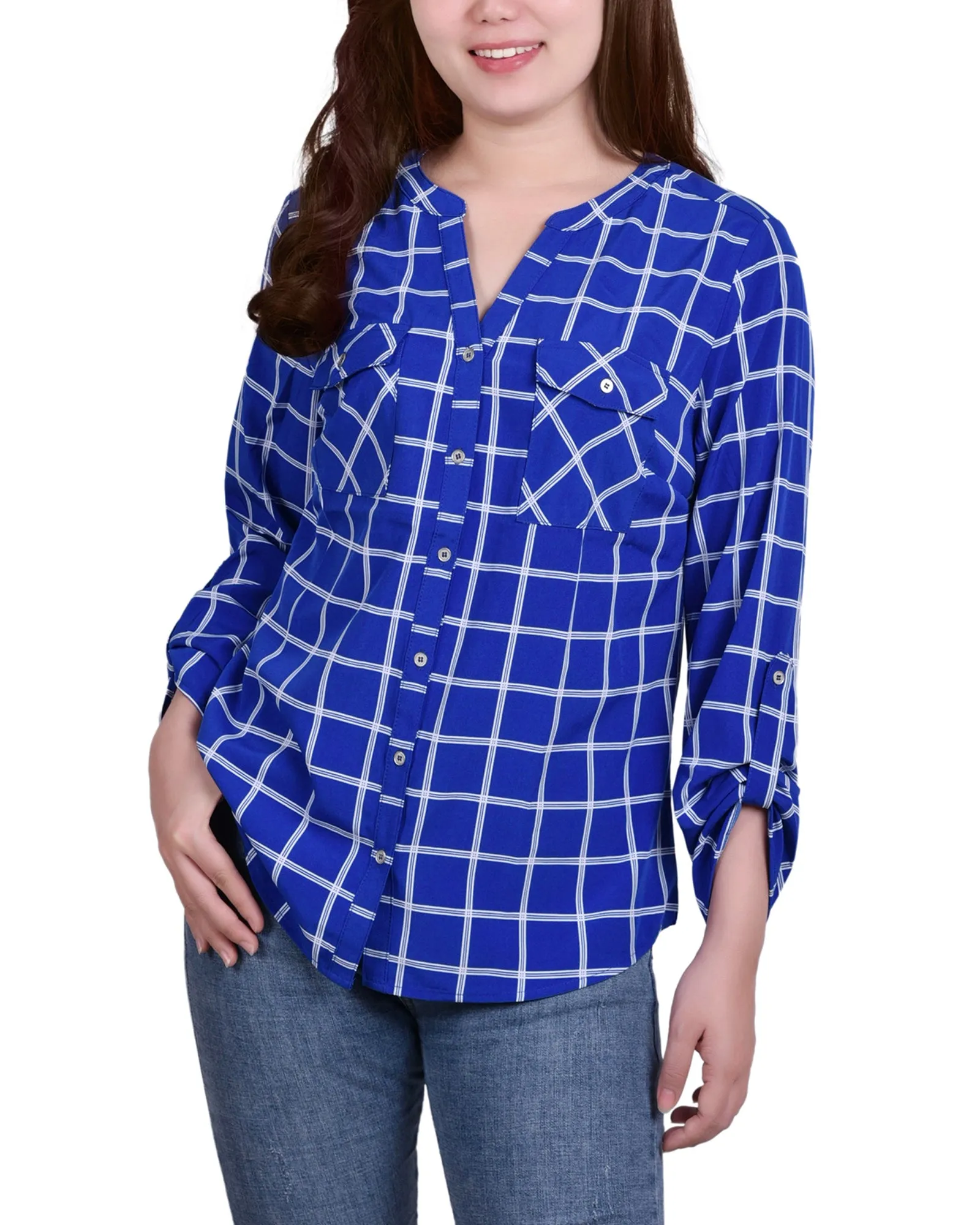 Blouse Petite à Encolure en Y avec Manches 3/4 et Pattes à Enrouler