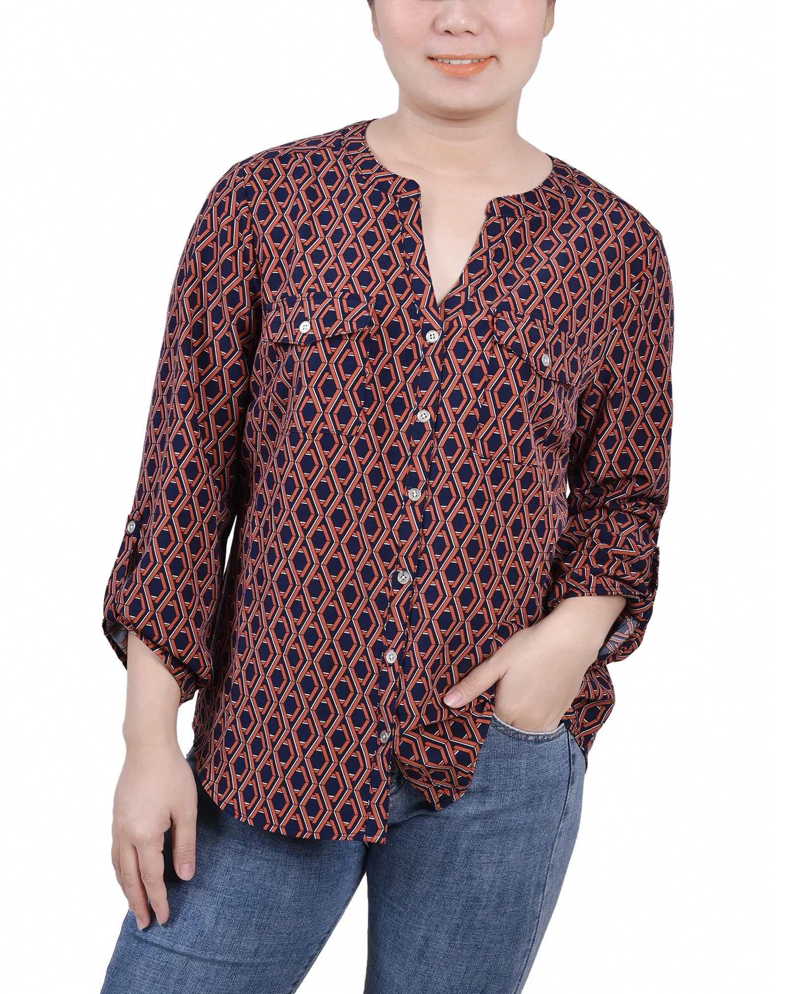 Blouse Petite à Encolure en Y avec Manches 3/4 et Pattes à Enrouler