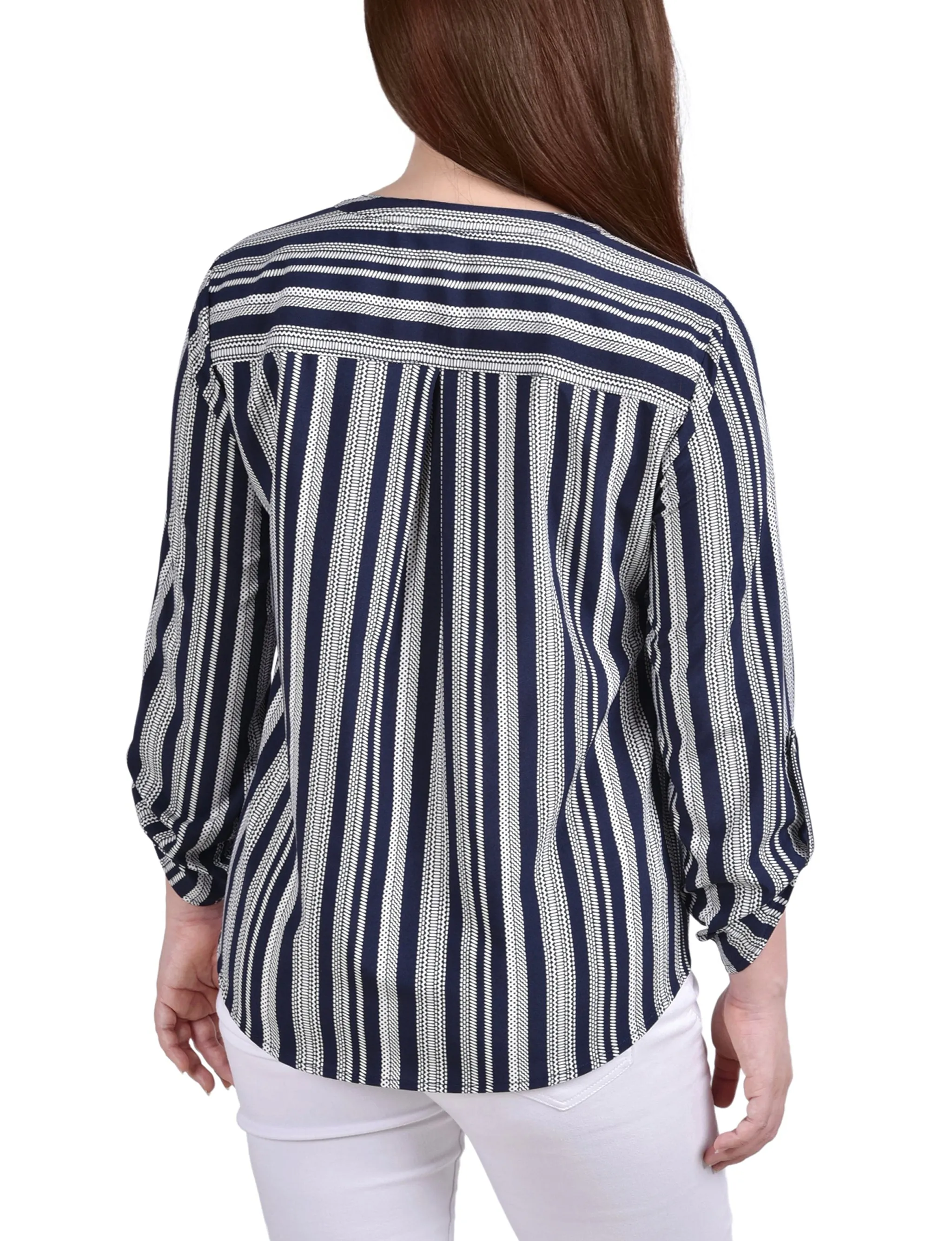 Blouse Petite à Encolure en Y avec Manches 3/4 et Pattes à Enrouler