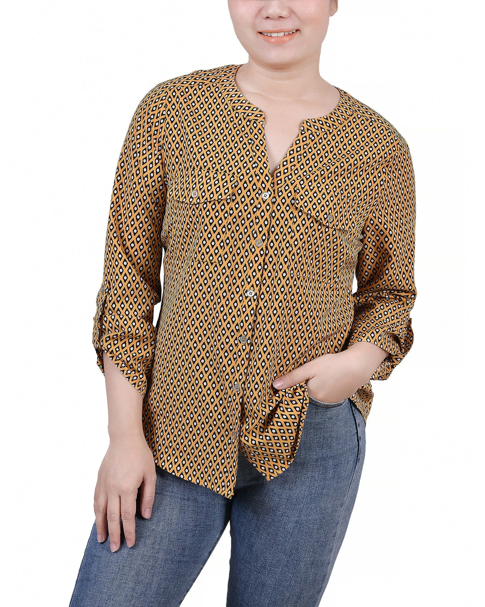 Blouse Petite à Encolure en Y avec Manches 3/4 et Pattes à Enrouler