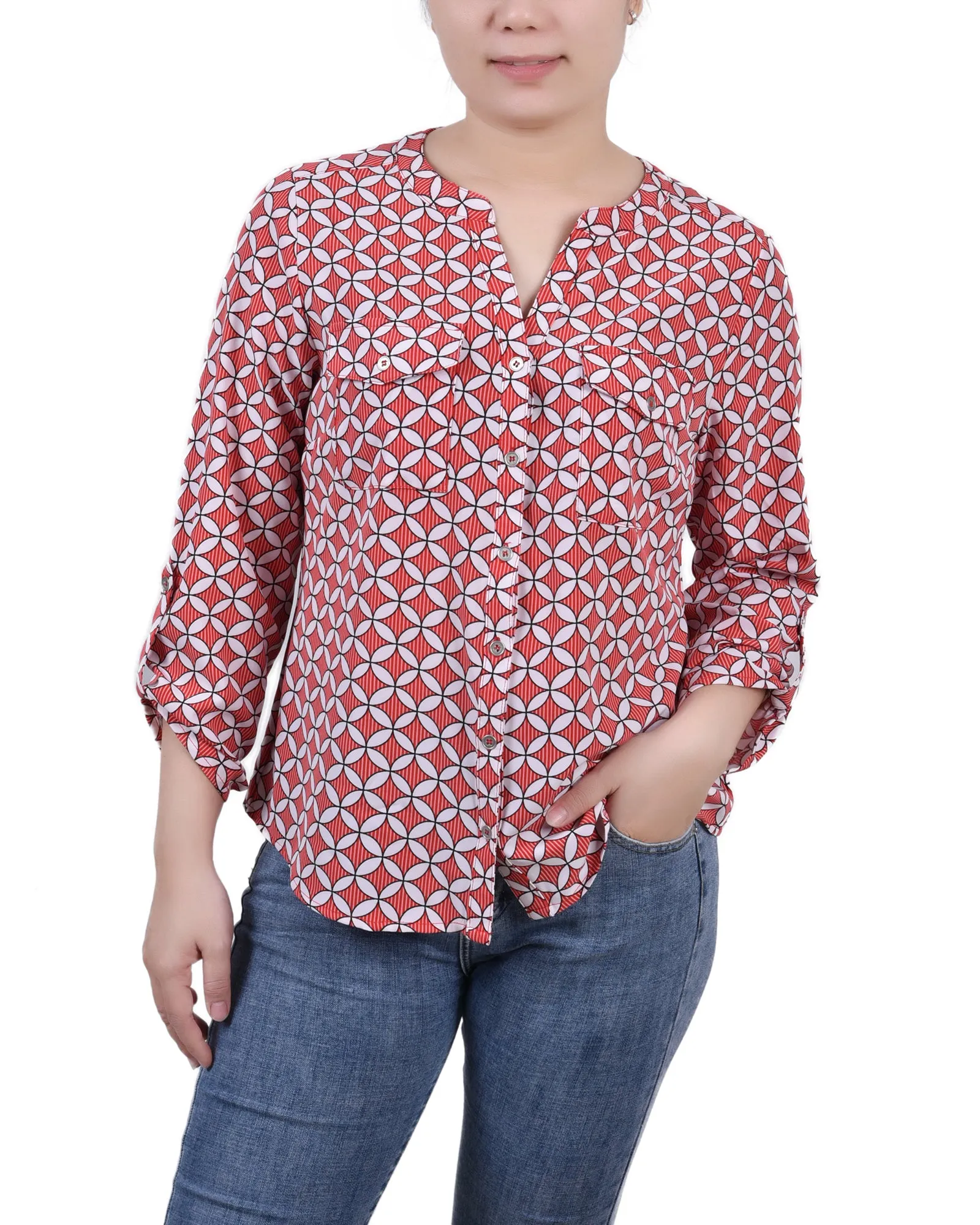 Blouse Petite à Encolure en Y avec Manches 3/4 et Pattes à Enrouler