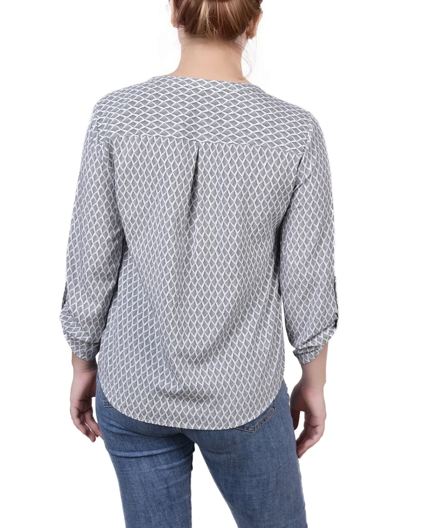 Blouse Petite à Encolure en Y avec Manches 3/4 et Pattes à Enrouler